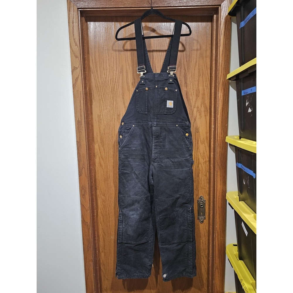Carhartt Bib Overalls Mens 38x30 Black Quilted Lined Double Knee Workwear